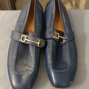 Gucci Blue Leather Loafers with Silver Buckle